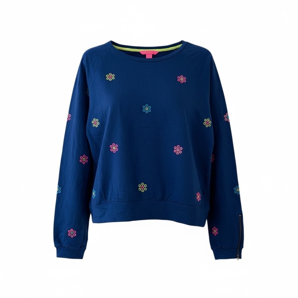 Lilly Pulitzer Landyn Embroidered Floral Ditsy Daisy Sweatshirt Blue Medium NEW
